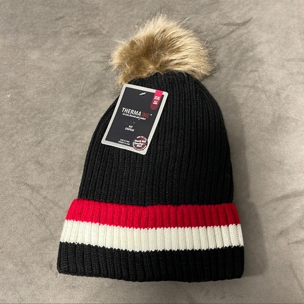 Faux fur Pom striped beanie with fleece lining hat